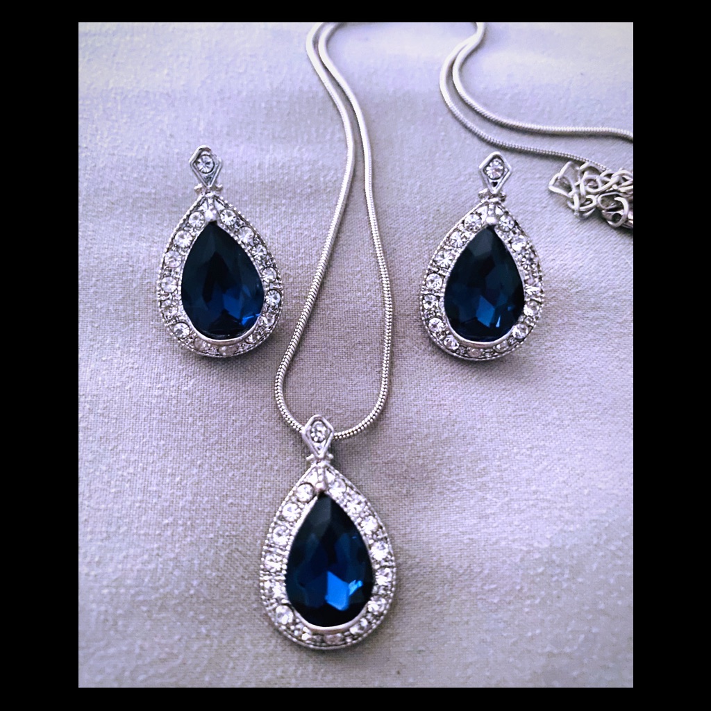 Sapphire Colored Gem Necklace And Earring Set 15$